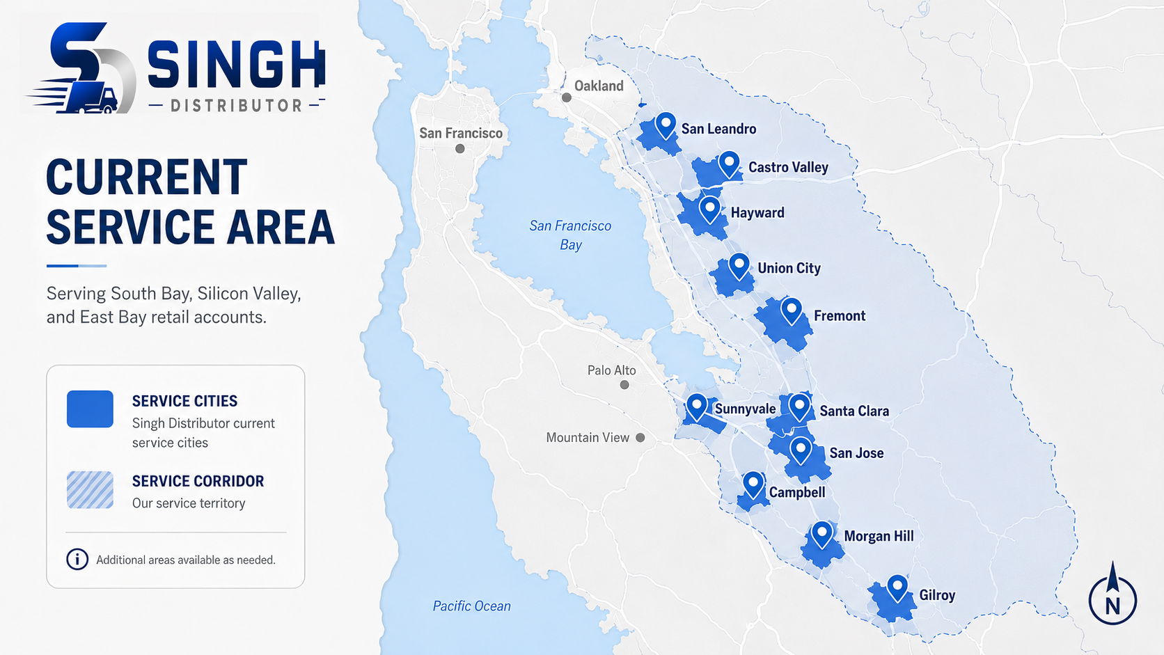 Singh Distributor Bay Area service area map showing San Jose, Santa Clara, Sunnyvale, Fremont, Hayward, Morgan Hill, Gilroy, Union City, San Leandro, Castro Valley, and Campbell.