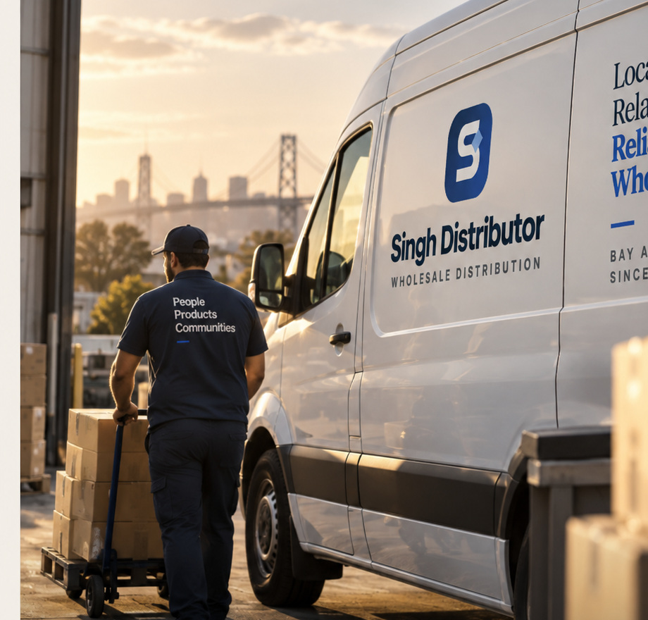 Singh Distributor route delivery scene with van and wholesale boxes